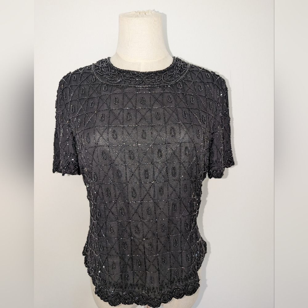 Stunning Black Silk Beaded Short Sleeve Blouse